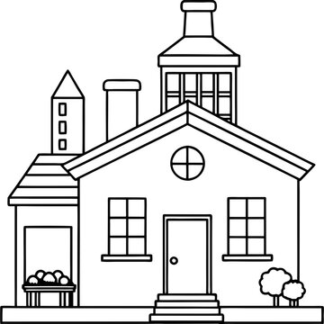 recommend clip art: Workshop Building Outline with Chimney and Toys in Windows line art vector