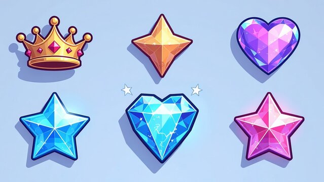 Crystal game crown, heart and star icon set. Isolated magic gem ui cartoon asset design. Blue lightning diamond illustration with glow. Cristal texture clipart collection for interface