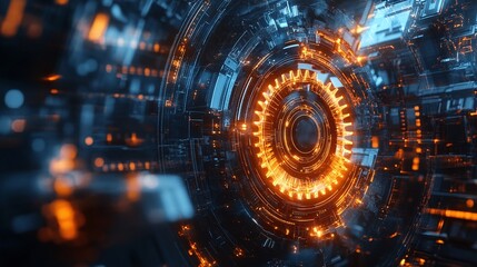 Fototapeta premium digital environment with abstract gear mechanism, representing motion, innovation, and efficiency through advanced technology and automation for futuristic engineering systems