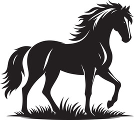A black and white drawing of a horse with a black tail