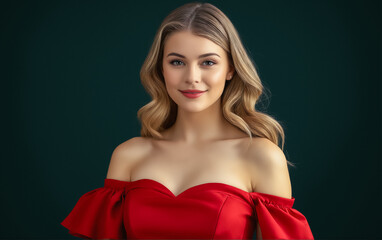 Fototapeta premium Portrait Attractive young woman in red dress. Outfit for New Year's party.