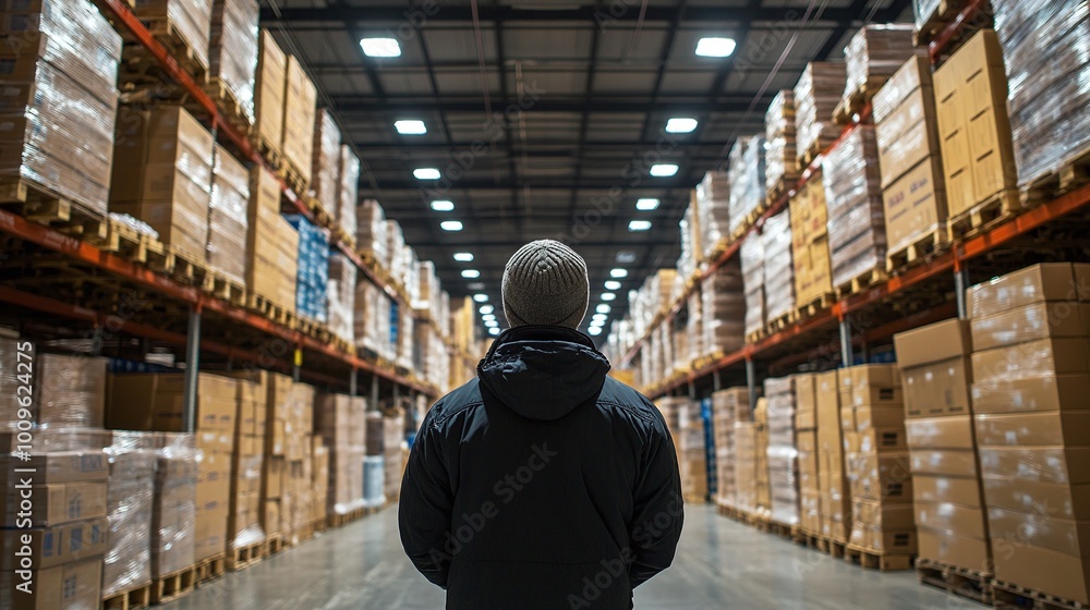 Poster warehouse worker monitoring boxes in aisle, ensuring stock accuracy, maintaining inventory managemen