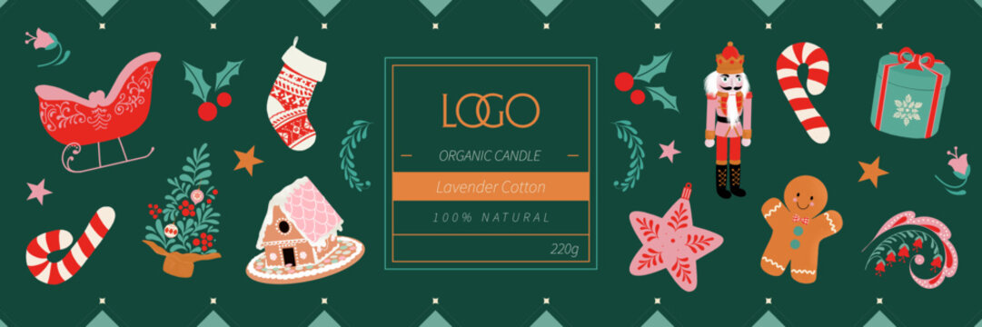 R&oacute;tulo, natal, vela, estampa, natalina, biscoito de gengibre, casa de biscoito, bengala de a&ccedil;&uacute;car, quebra nozes, presente, enfeites natalinos, tren&oacute;, &aacute;rvore de natal, estrela, ornamento, ilustra&ccedil;&atilde;o