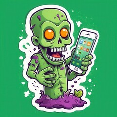 A cartoon zombie hand holds a smartphone displaying a vibrant skull with glowing eyes and the word "Zombie" on the screen, set against a fun and spooky purple background