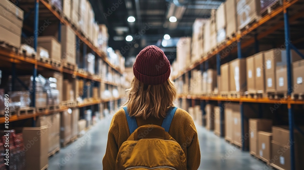Poster warehouse worker monitoring boxes in aisle, ensuring stock accuracy, maintaining inventory managemen