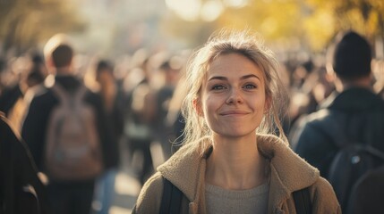 Fototapeta premium woman standing alone in a crowd looking at camera, her face reflecting deep emotions of happiness and showing a strange funny face