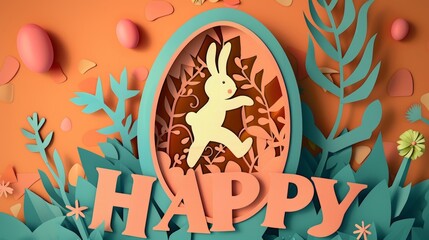 Vibrant Easter Banner Featuring Paper Cut Egg and Jumping Bunny Design