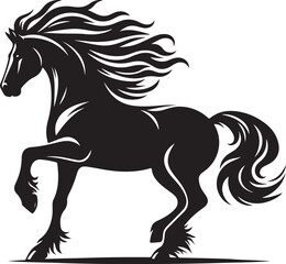 A black and white drawing of a horse with a black tail