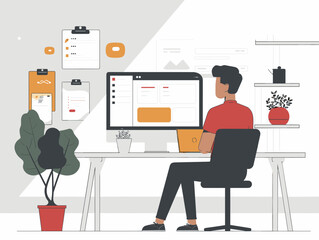 A man is sitting at a desk with a computer monitor and a laptop. He is wearing a red shirt and black pants. The desk is cluttered with papers and a potted plant. Concept of productivity and focus