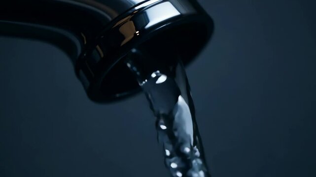 The camera slowly zooms in on a dark faucet with water dripping steadily, illuminated by low key lighting to create a moody atmosphere.
