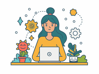 A woman is sitting at a desk with a laptop and a potted plant. She is smiling and she is happy. Concept of positivity and productivity