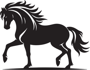A black and white drawing of a horse with a black tail