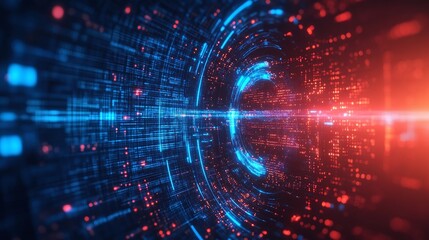 futuristic abstract background in blue and red, blending digital innovation, geometric design, and technology patterns to capture the essence of modern cyber design