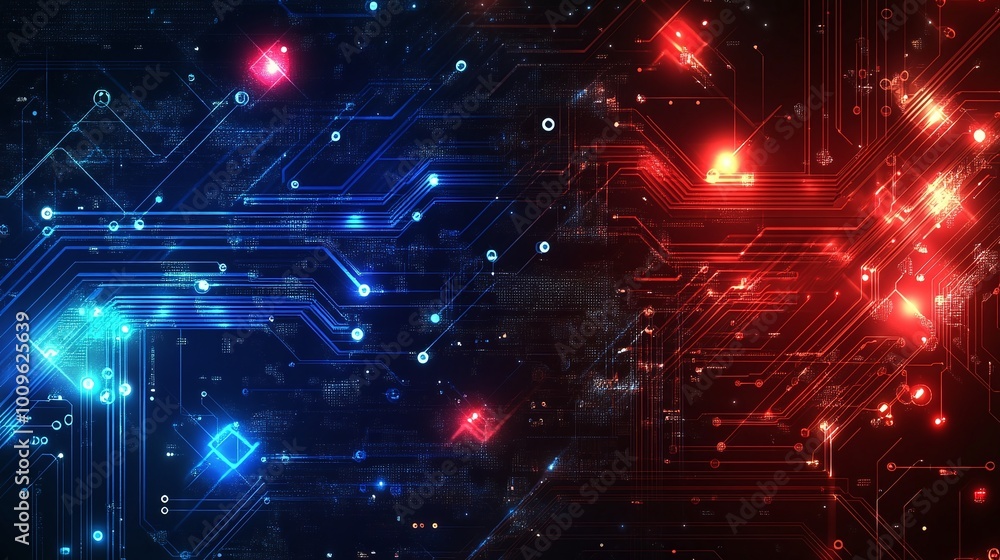 Poster blue and red abstract technology background, merging futuristic motion with digital patterns, perfec