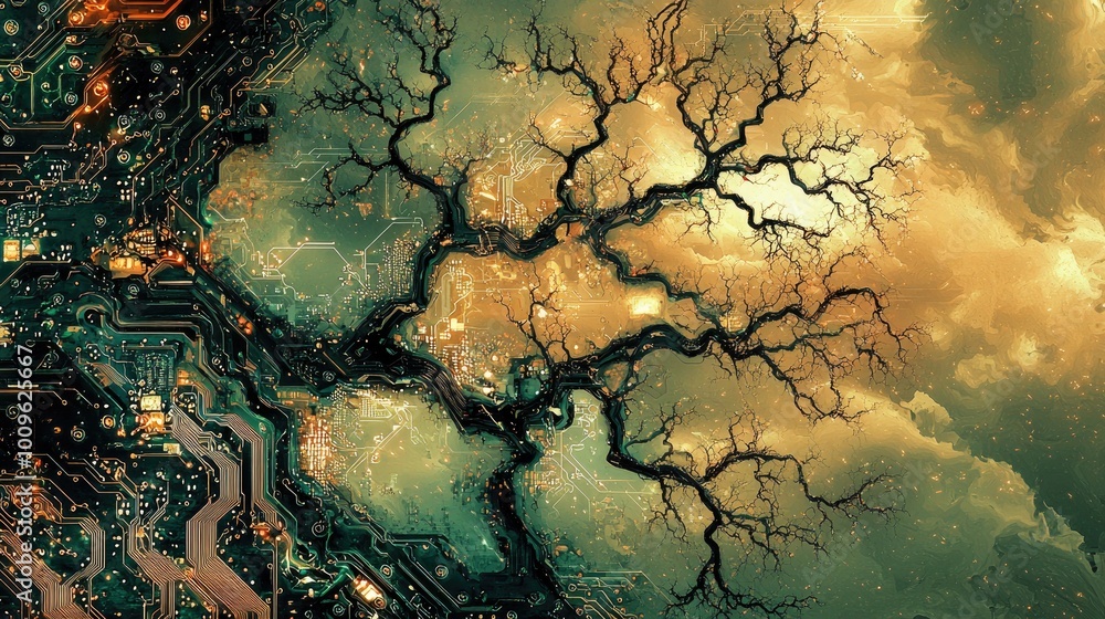 Poster a circuit board with a bare tree branch overlaid