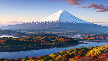 Majestic Mount Fuji with Autumn Foliage and a Tranquil Lake
