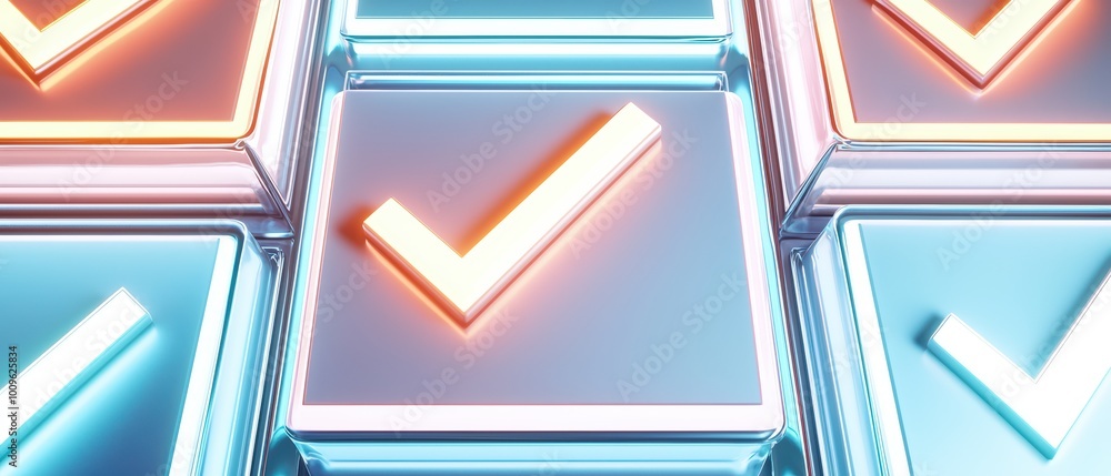 Wall mural a collection of glowing checkmark buttons, showcasing modern design and technology. ideal for repres