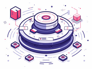 A futuristic computer tower with a clock on top. The tower is surrounded by many small cubes, which could represent data or other components. Scene is one of technology and innovation