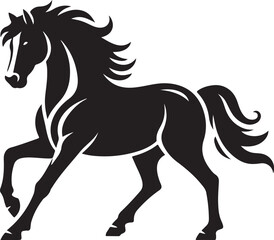 A black and white drawing of a horse with a black tail