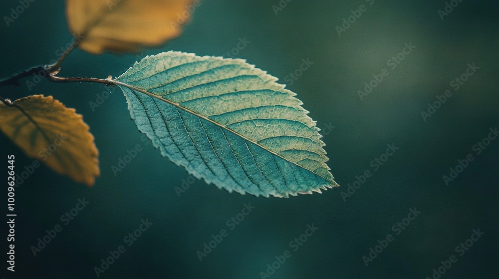 Sticker   A leaf on a branch, water droplets, close-up, blurry background