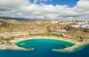 Aerial drone shot of the Amadores Beach in Mogan in Gran Canaria.
