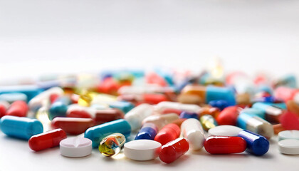 Multicolored capsules on white background. Blurred image. Assorted pharmaceutical medicine pills, tablets. Pills background. Banner for design. Vitamins and supplements background