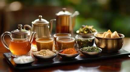 Fototapeta premium Savor the aromatic essence of Indian tea traditions. From creamy masala chai to invigorating mini cutting chai, delight in the diverse tea offerings served in authentic glass cups