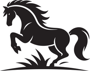 A black and white drawing of a horse with a black tail