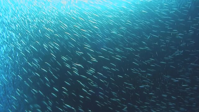 A captivating underwater spectacle unfolds as a massive school of sardines moves gracefully through the clear waters of the Philippines