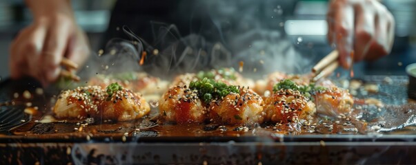 Fototapeta premium Fresh takoyaki balls being prepared on a hot plate, topped with green onions. Free copy space for banner.