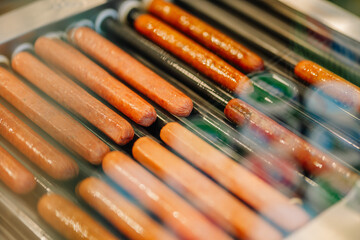 A close-up view of sausages cooking on a roller grill, showing shiny, cooked hot dogs ready to...