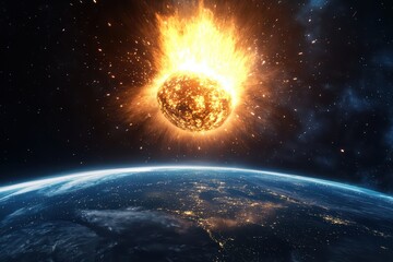 Fototapeta premium A dramatic depiction of a fiery asteroid entering Earth's atmosphere, illuminating the night sky, showcasing the beauty and danger of space.