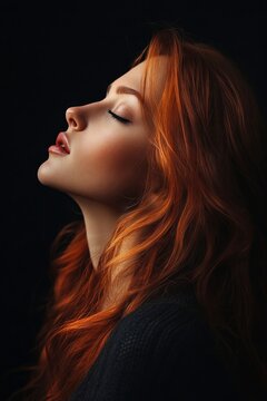 A woman with long red hair is looking up at the sky