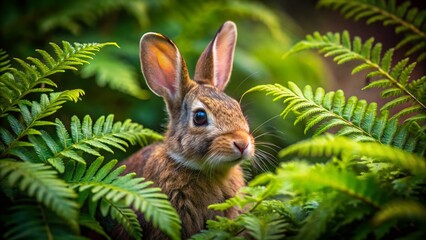 Fototapeta premium Adorable Rabbit Hiding Among Green Ferns in a Tranquil Forest Setting Surrounded by Nature's Beauty