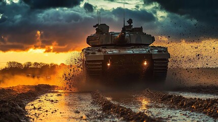 Tank driving through muddy terrain at sunset.