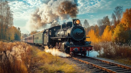 Obraz premium Steam train traveling through autumn landscape