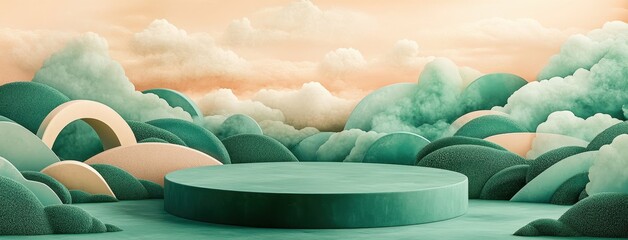 Obraz premium A serene landscape with soft clouds and a circular platform, Mock up template for product presentation.