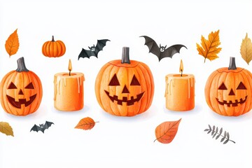 A festive collection of Halloween pumpkins, candles, bats, and autumn leaves on a white isolate background, perfect for seasonal decoration.