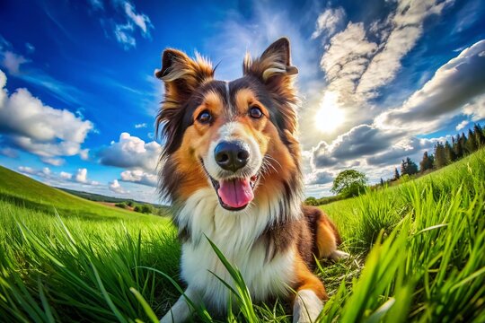 Adorable Shelti Dog Sitting on Green Grass with Bright Blue Sky and Playful Expression in Nature