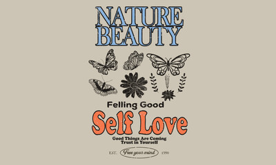 Beauty nature artwork. Butterfly with flower print design for t shirt, Self love club design. Butterfly t shirt back print design.
