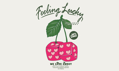 Cherry fruit print. Nature fruit print. Dice graphic print design apparel, stickers, posters and background. Love card artwork. Find your perfect pair. Lucky you. Sweet cherry. 
