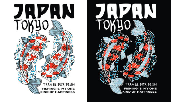 Back print t shirt design. Fish line drawing. Japan art. Tokyo, Japan koi fish hand drawing vector illustration. Fish print for t-shirt graphic and other uses. 