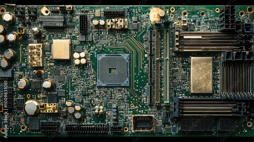 Poster close-up of a green circuit board with multiple components