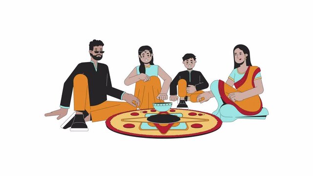 Indian family making diwali rangoli cartoon animation. Deepawali celebration 4K video motion graphic. Decoration art. Happy south asians at home animated 2D characters isolated on white background