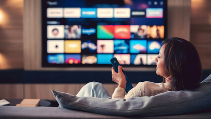 Woman Accessing OTT Content on Smart TV at Home