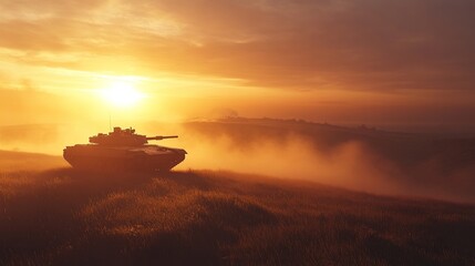 Tank silhouette against a sunset landscape.