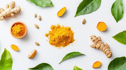 Turmeric root and powder, vibrant yellow staples, are flanked by verdant leaves on a pristine white backdrop. Embodying nature's healing touch, this image captures the essence of herbal remedies