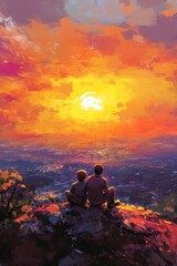 Obraz premium Two figures sit on a rock, watching a vibrant sunset over a scenic landscape.