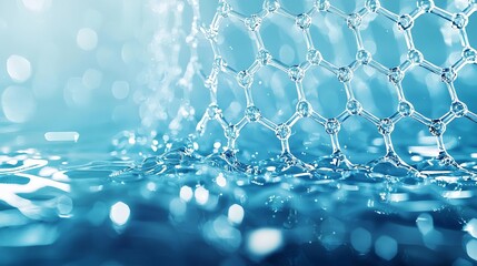 Water filtration membrane made from graphene, filtering molecules and showcasing clean water dripping below   Highlighting graphene s ability in water purification