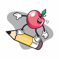 Apple cartoon riding on a giant pencil illustration on a isolated white background (2)